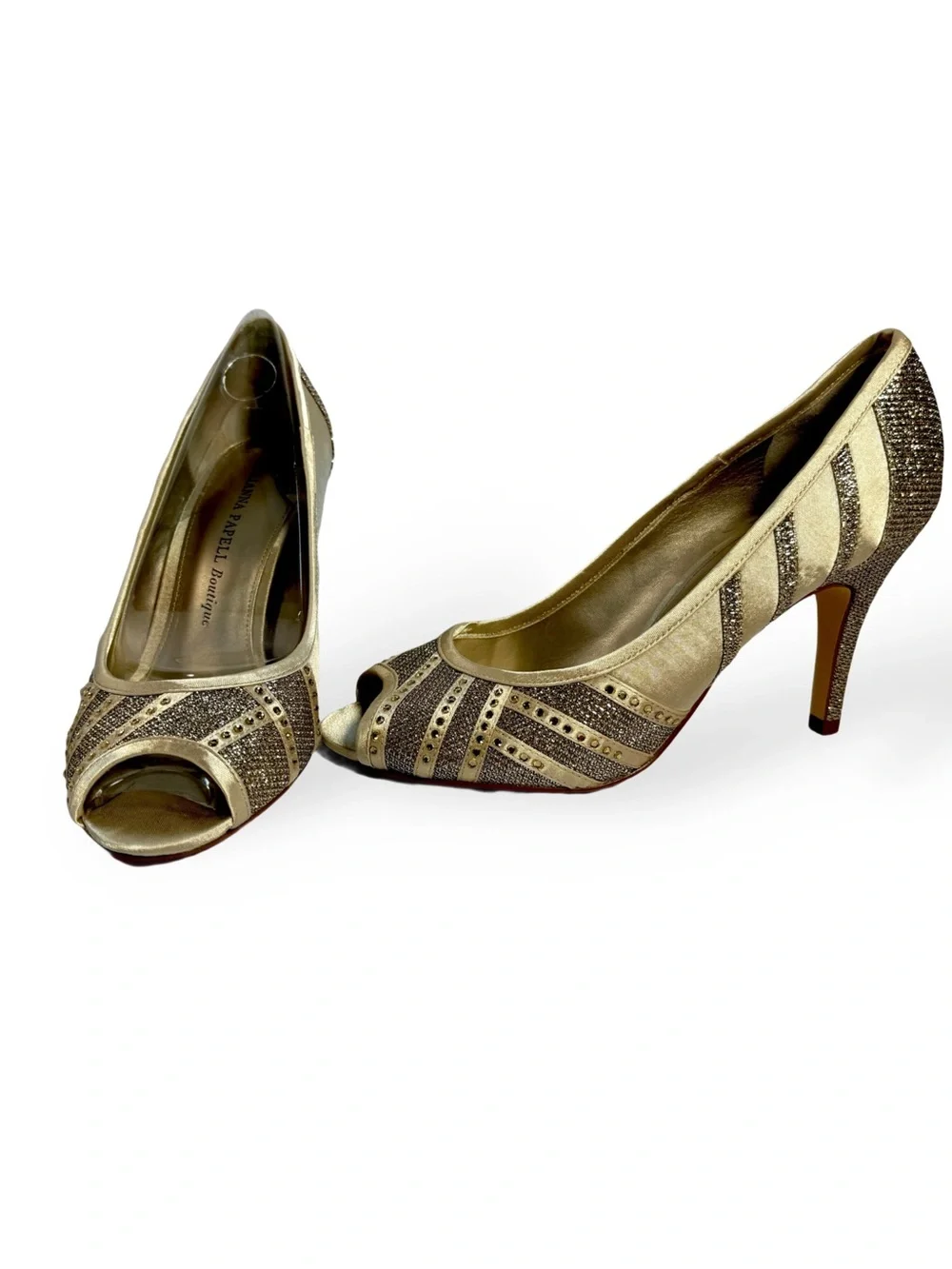 Papell Boutique Gold Peep-Toe High Heels with Sparkle Detail
